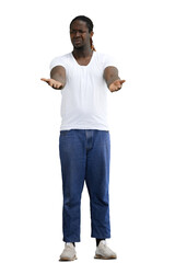 A man in a white T-shirt on a White background put his arms forward