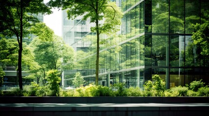Eco-friendly building modern city sustainable glass building Ecology concept Office building with green environment - obrazy, fototapety, plakaty