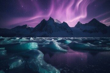 Fototapeta na wymiar Aurora lights in pink and purple shine bright over a glacier. Generative AI