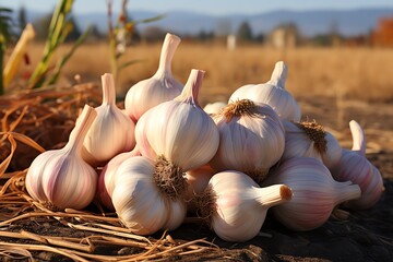 a pile of garlic in a field - Powered by Adobe