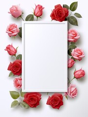 Vertical top view blank card red and pink rose love and wedding decoration Valentines day background - obrazy, fototapety, plakaty