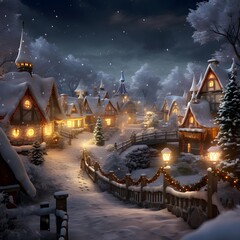 Winter night in the village. Christmas and New Year theme. Digital painting.