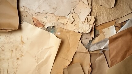 close up top view full vintage of Paper Scraps cutouts of authentic paper textures vintage...