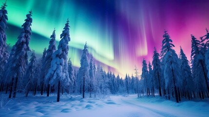 Aurora borealis Northern lights in  the sky winter forest - obrazy, fototapety, plakaty