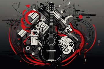 Abstract Artistic Guitar and Musical Elements with Red Accents