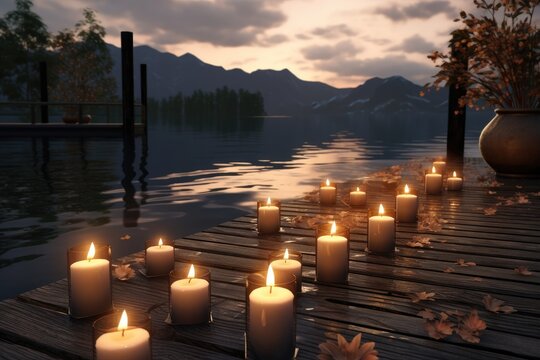 Mountain Lake Sunset Ambience with Candles and Autumn Leaves. Valentine's day concept.