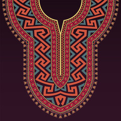 Colorful neck design in ancient Greece style with Greek key, geometric, and Egyptian lotus patterns on a dark purple background. Suitable for kurta, kurti, kaftan, and African dashiki shirts.