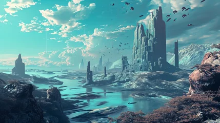 Zelfklevend Fotobehang Mystical Alien Landscape with Majestic Towers, Flying Creatures, Rocky Terrain, and Serene Waters Under a Cloudy Sky © Arslan