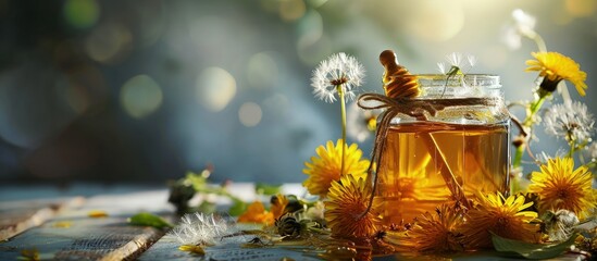 A glass jar of dandelion honey with a dipper and fresh flowers. Creative Banner. Copyspace image