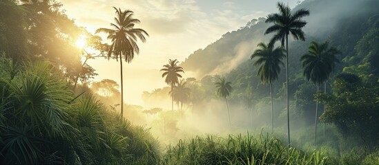 Fantastic screen of fog over mountain behind palm tree agriculture area. Creative Banner. Copyspace image