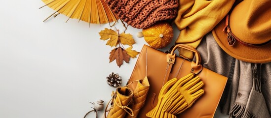 Autumn women s accessories Leather gloves bag scarf felt hat umbrella boots on a white background Top view. Creative Banner. Copyspace image - obrazy, fototapety, plakaty