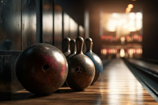 3D render of a bowling ball striking pins in the alley. Generative AI