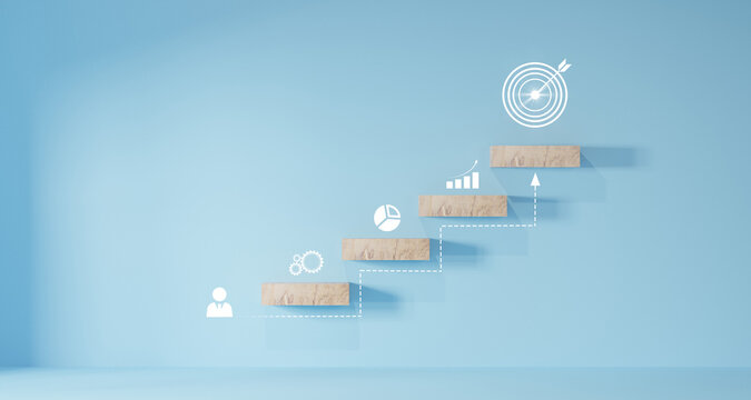 Growth or increase design concept. Cube block staircase moving step growing up to target. Success achievement or goal business motivation.
