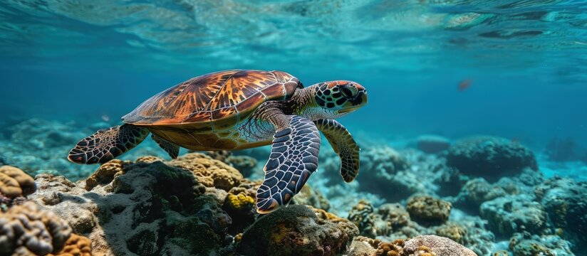 Following a green sea turtle over the coral reef. Creative Banner. Copyspace image