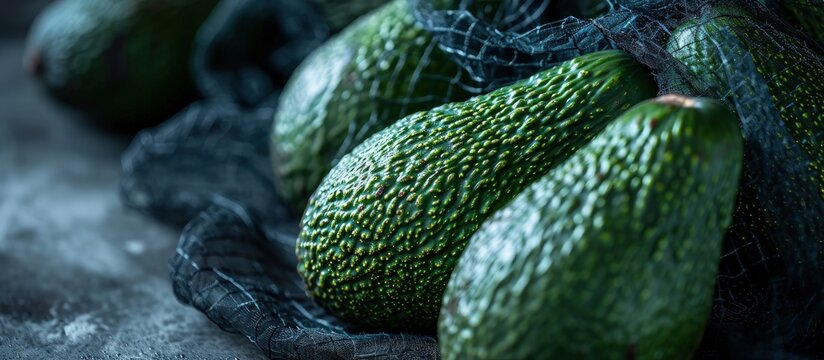 Avocados on grocery produce store shop supermarket display raw unripe tropical green fruit in mesh net bags. Creative Banner. Copyspace image