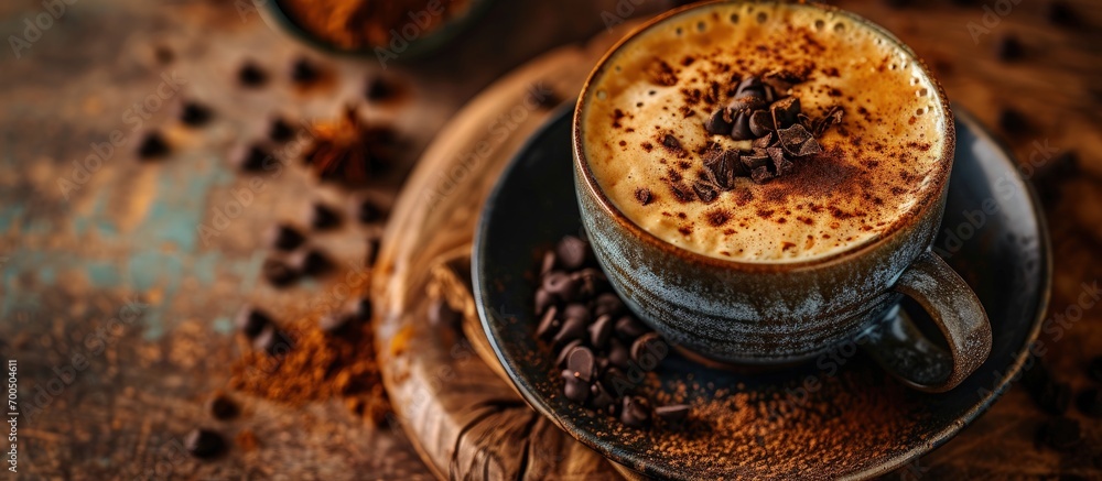 Poster caramel latte with float cocoa powder and chocolate chips topping perfect for recipe article catalog