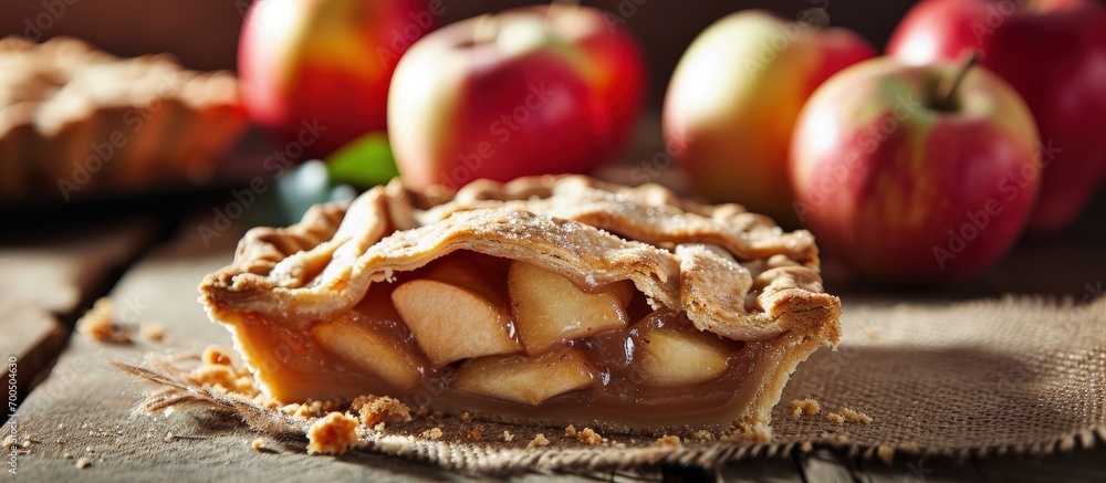 Poster homebaked apple pie slice with apples in the background. creative banner. copyspace image