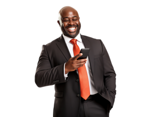 Happy African American businessman with cell phone, cut out