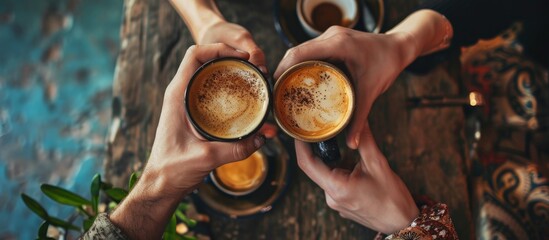 Closeup image of a man and a woman clinking white coffee mugs in cafe. Creative Banner. Copyspace image - obrazy, fototapety, plakaty
