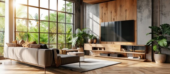 Elegant designed living room with window wall big television screen and wooden elements. Creative Banner. Copyspace image