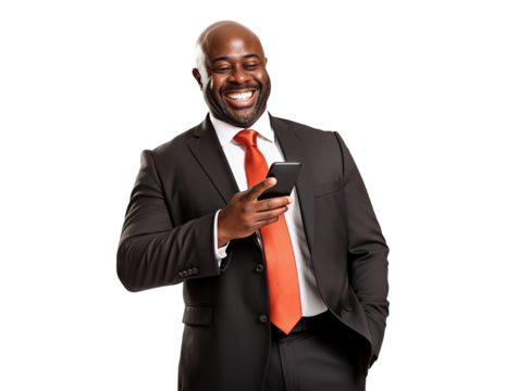 Happy African American businessman with cell phone, cut out