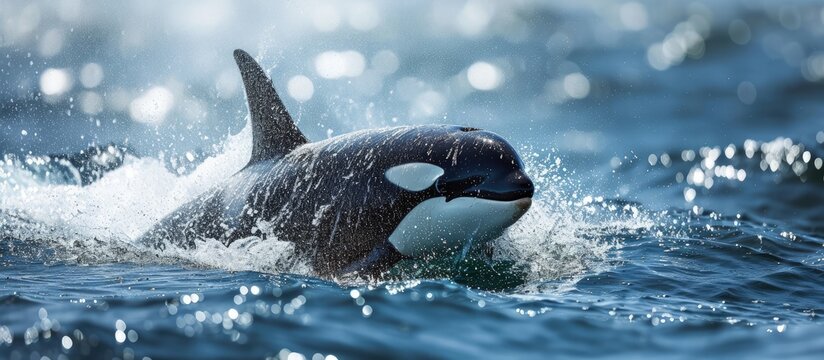 A wonderful killer whale is rapidly moving across the sea surface spraying water droplets in all directions close up. Creative Banner. Copyspace image