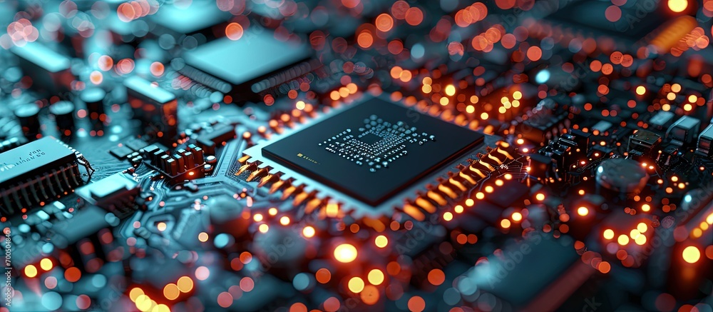 Poster Concept AI Artificial Intelligence technology chip IC on PCB PCB circuit board microprocessor Machine learning. Creative Banner. Copyspace image