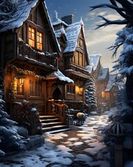 Beautiful wooden house in the village in winter. Christmas background.