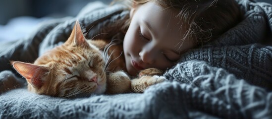 Baby boy sleeping with kitten on white knitted blanket Child and cat Kids and pets Little kid with his animal Cozy winter evening with pet Children play with animals Toddler and kitty sleep - obrazy, fototapety, plakaty