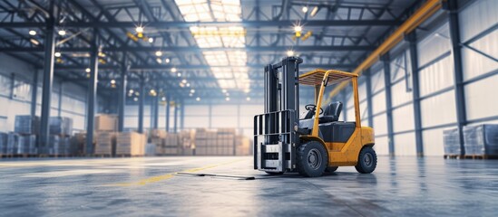 Interior of warehouse dock load cargo electric forklift pallet jack with large shipment goods pallet. Creative Banner. Copyspace image - obrazy, fototapety, plakaty