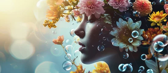 Muurstickers Concept of mental health Flowers in a vase with a woman s head and soap bubbles Copy space. Creative Banner. Copyspace image © HN Works