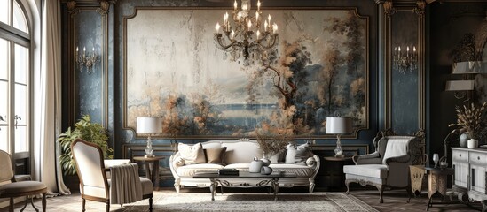 Decorative chandelier above designed table in living room with grey mural on wall. Creative Banner....