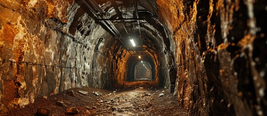 A tunnel in Julia coal mine in Walbrzych. Creative Banner. Copyspace image - obrazy, fototapety, plakaty