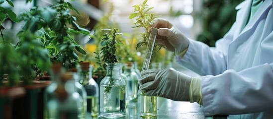 Botanist scientist woman and man in white lab coat work together on experimental plant plots biological researchers hold chemical test tube do science experiment with plant in greenhouses labor