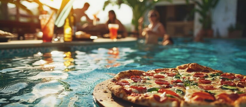 Company of friends takes pizza Top view Pool party Summertime meeting a group of people. Creative Banner. Copyspace image