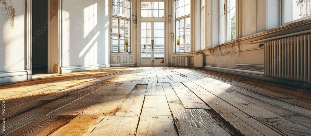 Poster Classic spacious room with light parquet floor. Creative Banner. Copyspace image