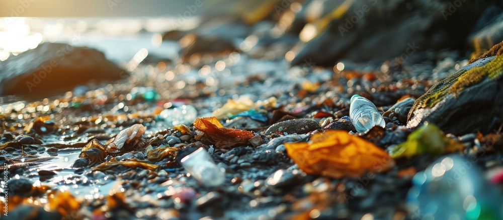 Poster human footprint in nature environmental pollution with garbage and plastic. creative banner. copyspa