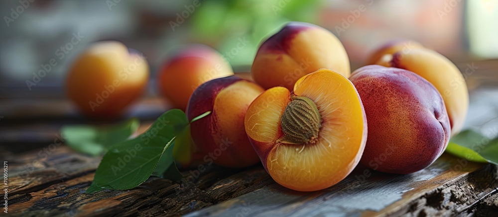 Aufkleber A fruit made by crossing plums and apricots It weighs around 80 grams and is larger than an apricot and has a high sugar content. Creative Banner. Copyspace image