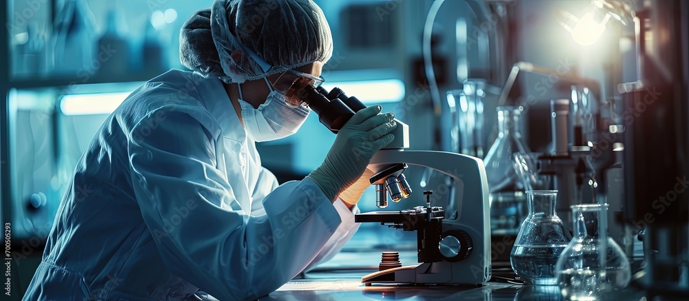 Poster challenging research determined experienced scientist working with her microscope and wearing a unif