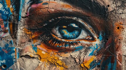 Obraz na płótnie Canvas olorful Street Art Mural of an Eye on a Cracked Wall