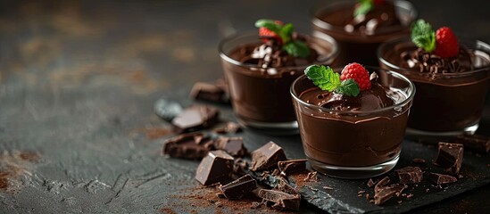 Couple of small pots of homemade chocolate mousse. Creative Banner. Copyspace image
