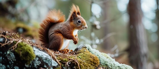 Naklejka na ściany i meble A Rarely spotted Red Squirrel photographed in a woodland Cairngorms National Park Scotland. Creative Banner. Copyspace image