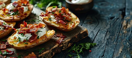 Homemade Loaded Crispy Potato Skins with Sour Cream and Bacon. Creative Banner. Copyspace image - obrazy, fototapety, plakaty
