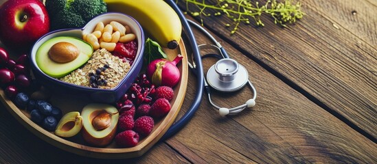 Cholesterol diet concept Healthy food in heart shaped dish with stethoscope. Creative Banner. Copyspace image - obrazy, fototapety, plakaty