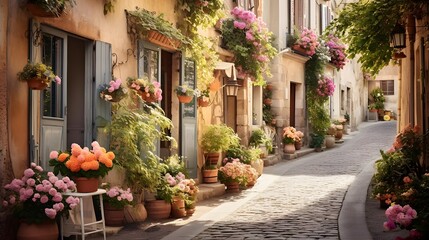Fototapeta na wymiar Beautiful street in the old town of Riquewihr, France