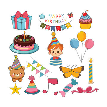 Happy birthday doodle  art illustration, hand-drawn Happy birthday elements