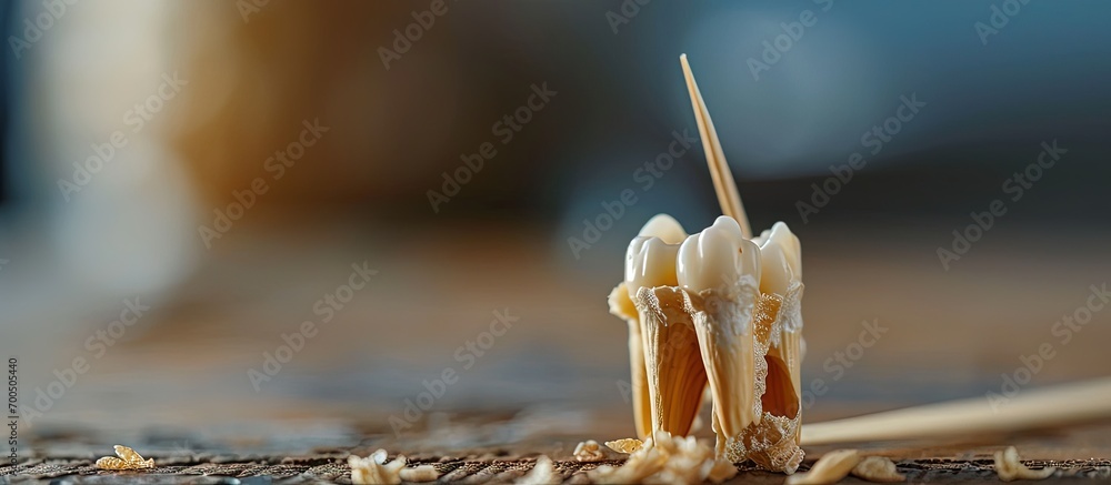 Poster A toothpick that functions to remove food debris stuck between the teeth. Creative Banner. Copyspace image