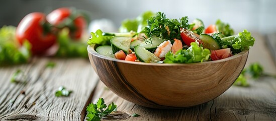 Hand chef mix fresh baby cos salad millet Crab Stick and pour salad dressing in wood blow Organic Vegetables mix lunch with green salad In bowl Breakfast fresh salad and clean vegetable