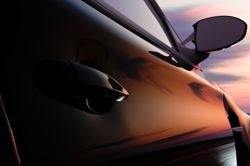 A car ride on an empty road towards the setting sun. - obrazy, fototapety, plakaty