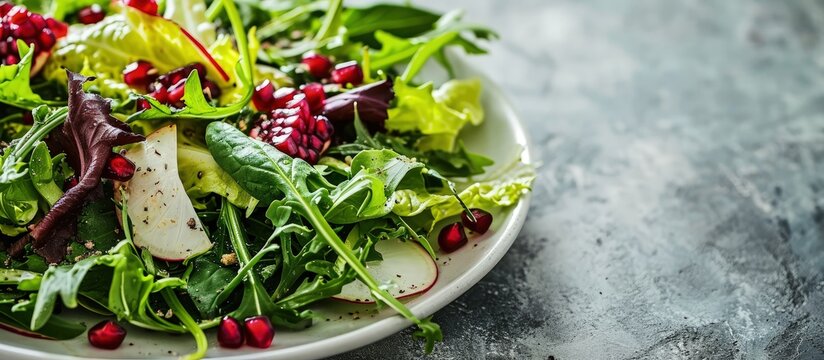 Colorful winter salad with mixed greens Belgian endives and pomegranate seeds. Creative Banner. Copyspace image
